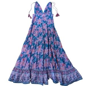 Mira Vibrant Floral Tiered Cotton Flowy Blue/Pink Ruffle Maxi Sun Dress Sz L